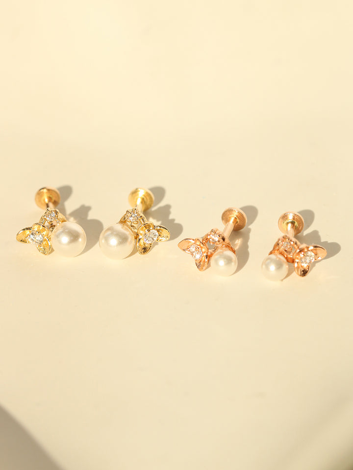 14K Gold Flower Pearl Internally Threaded Labret Piercing 18G16G