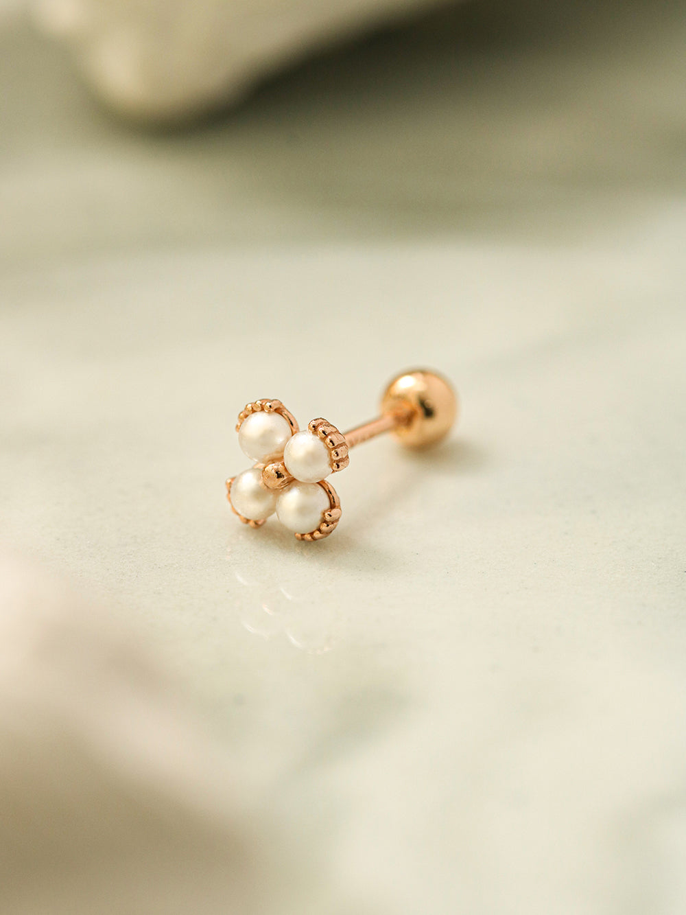 14K Gold Pearl Clover Cartilage Earring 20G