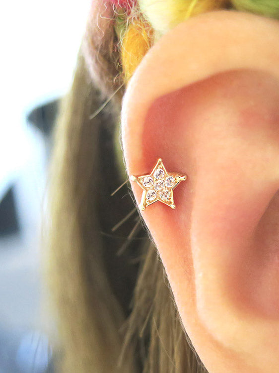 14K Gold Blue Star Cartilage Earring 18G16G