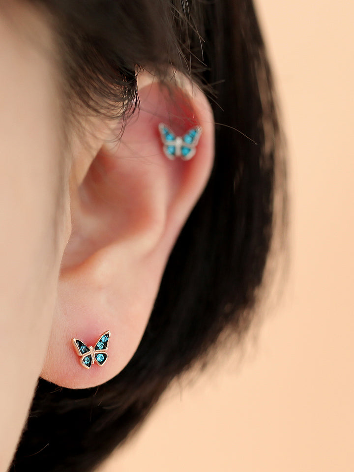 14K Gold Blue Cubic Butterfly Cartilage Earring 18G16G