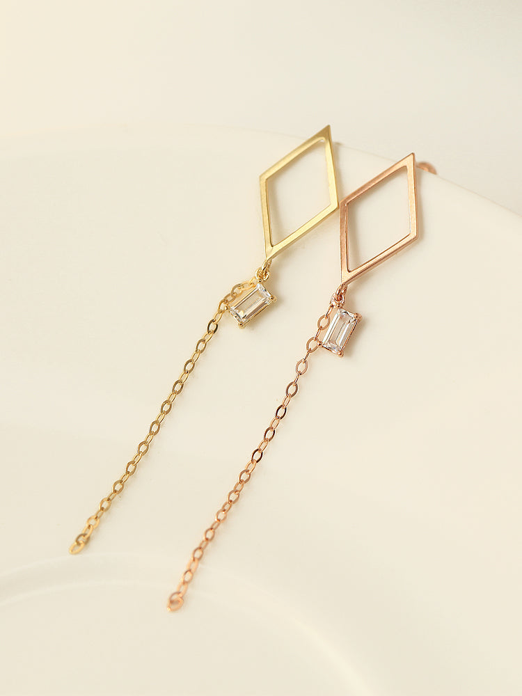 14K Gold Dia Square Threader Drop Earring 20g