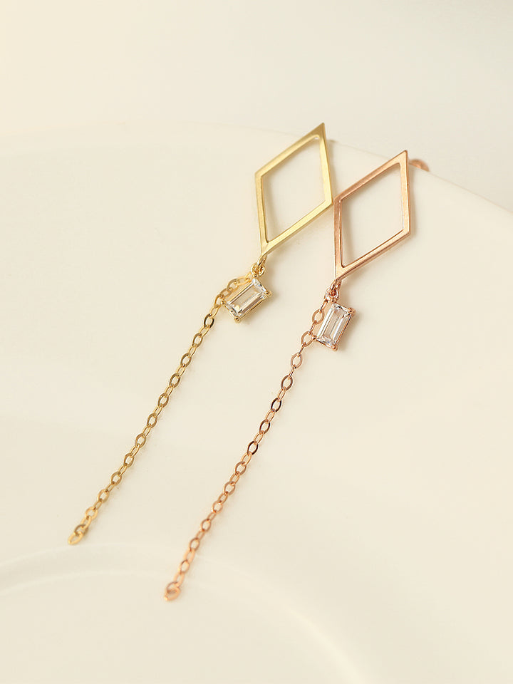 14K Gold Dia Square Threader Drop Earring 20g