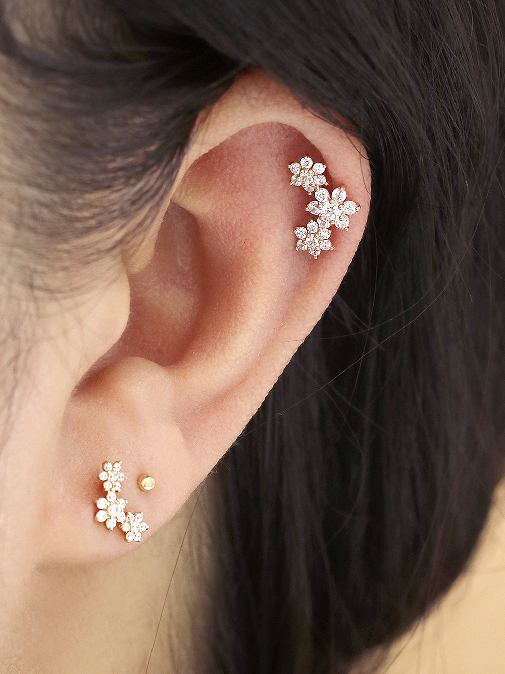 14K Gold Triple Flower Cartilage Earring 18G16G