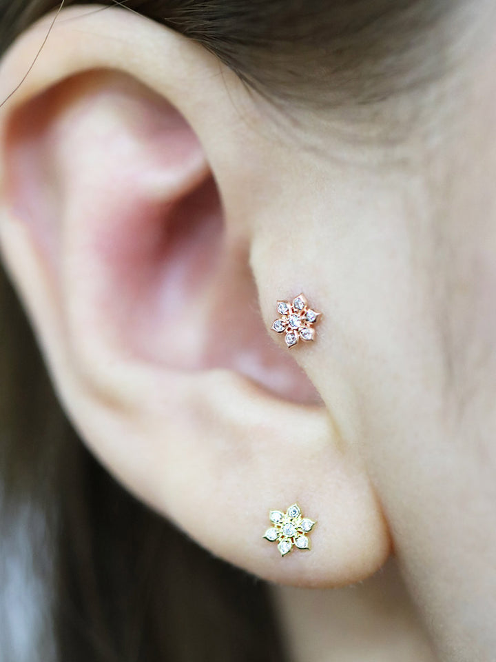 14K Gold Dainty CZ Flower cartilage earring 20g