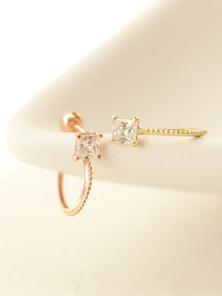 14K Gold Square Cubic Curve Cartilage Earring 20G