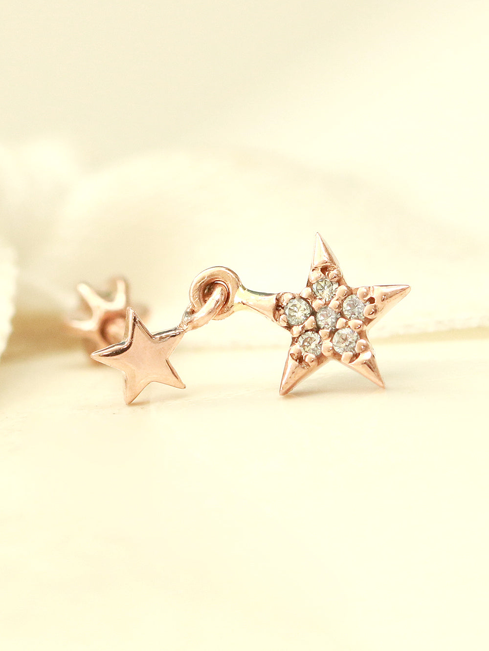 14K Gold Double Star Drop Cartilage Earring 18G