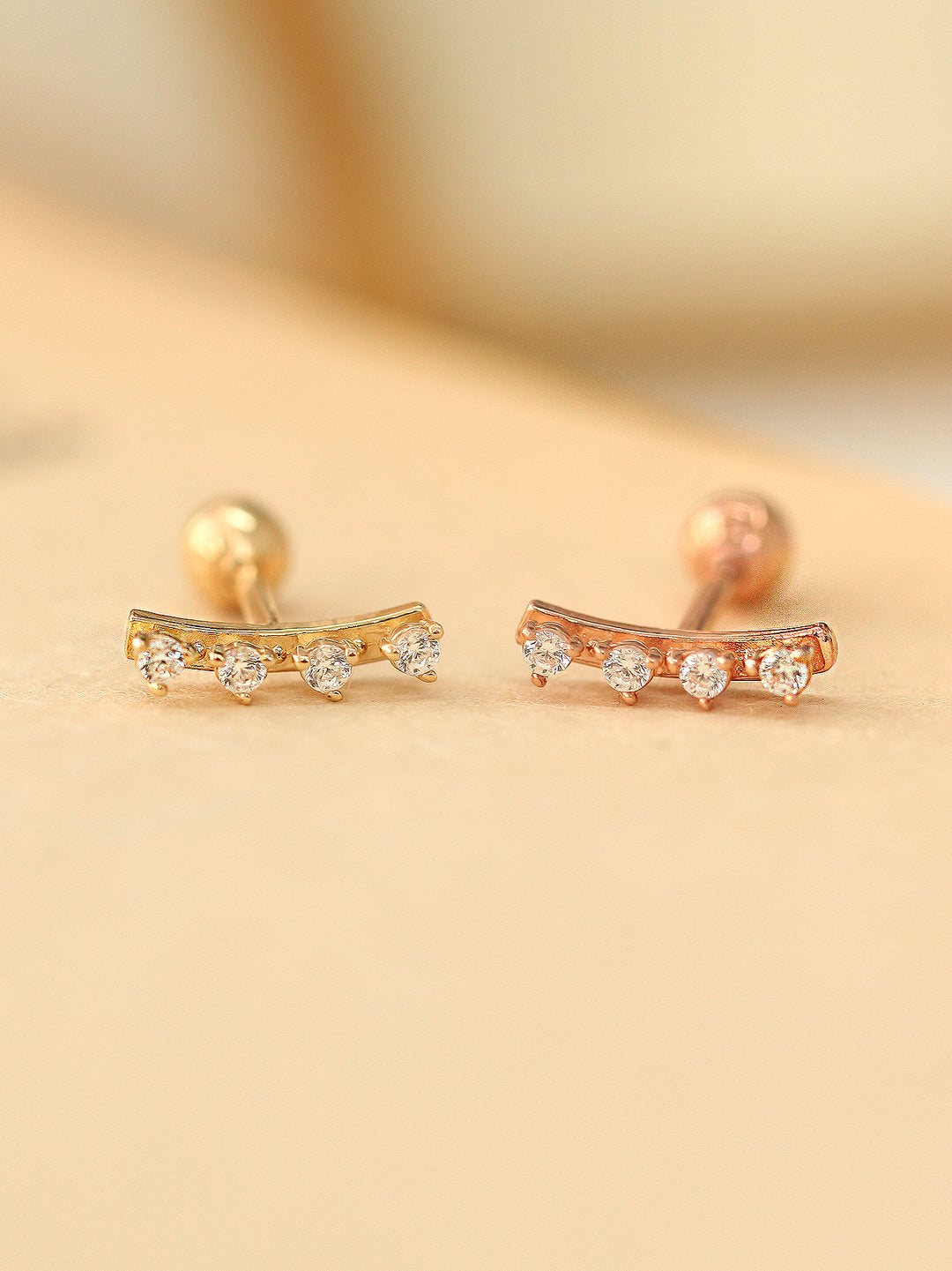 14K Gold Curved CZ Bar Cartilage Earring 18G16G