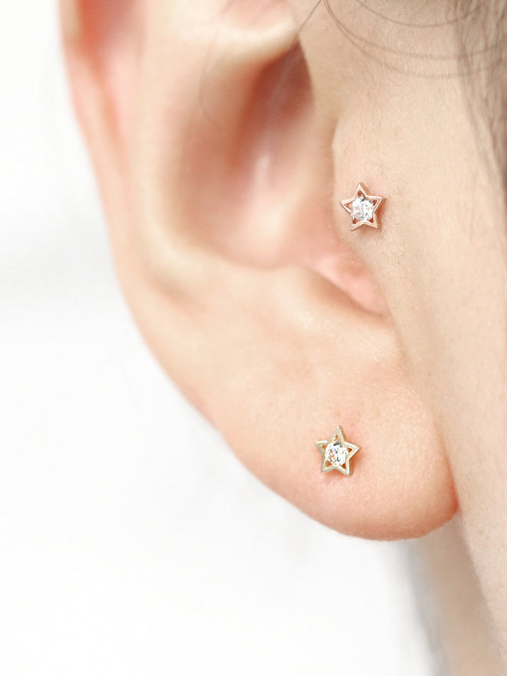 14K Gold Dainty Star CZ cartilage earring 20g