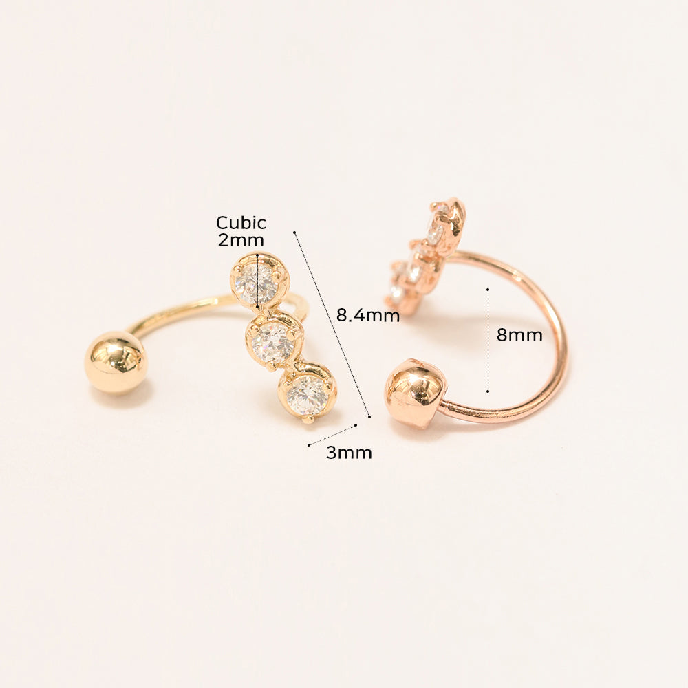 14K Gold Trio CZ Curve Piercing 20G