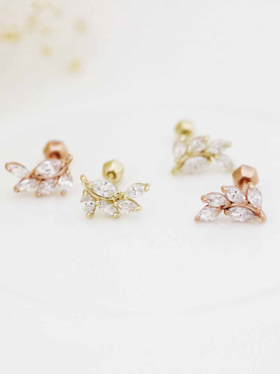 14K Gold CZ Leaf Cartilage Earring 18G16G