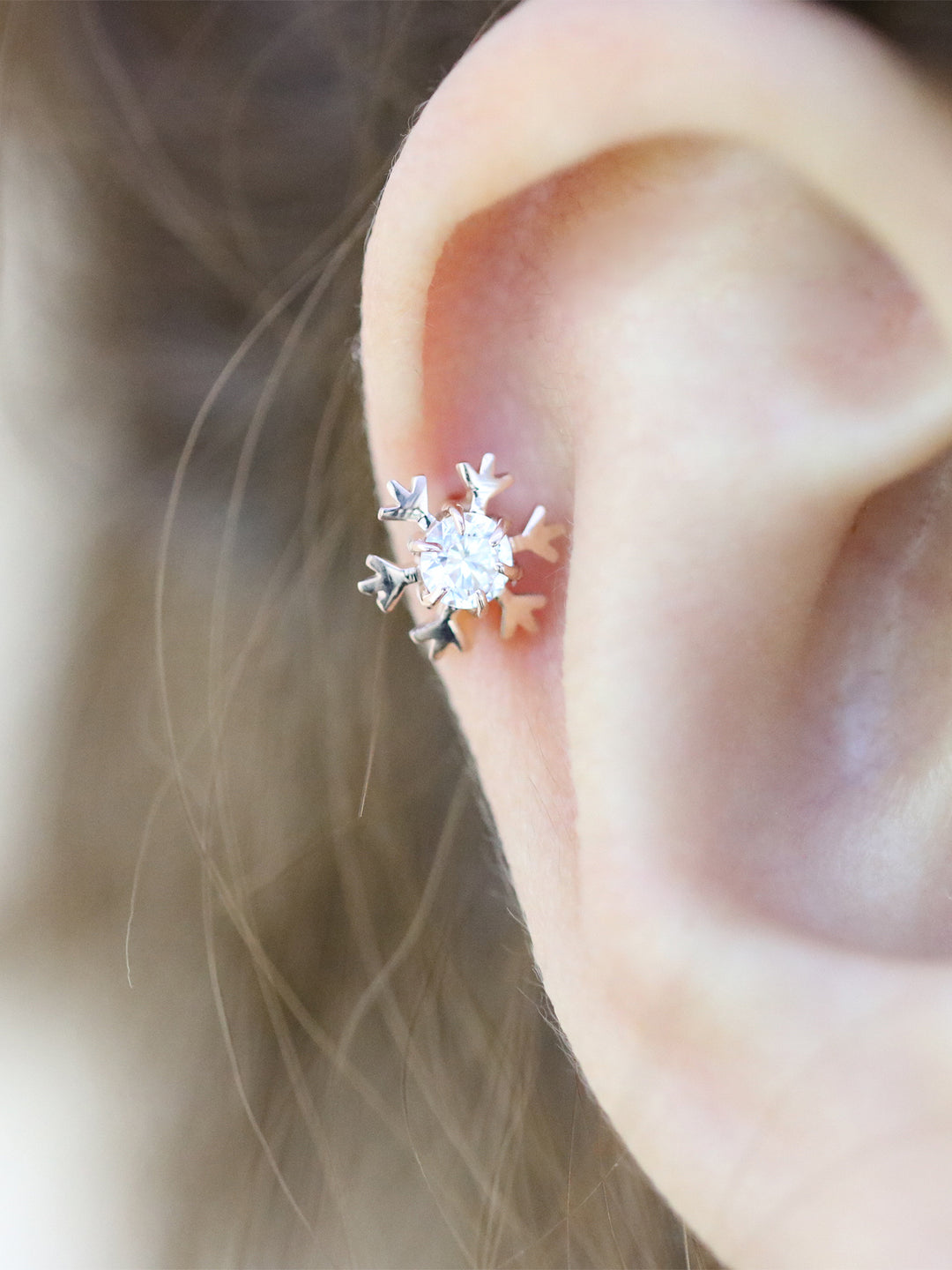 14K Gold Gemstone Snowflake Cartilage Earring 18G16G