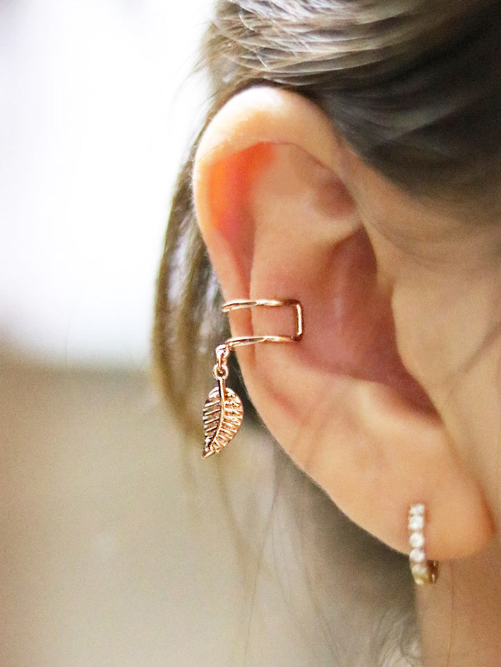 14K Gold bohemian dangle leaf ear cuff