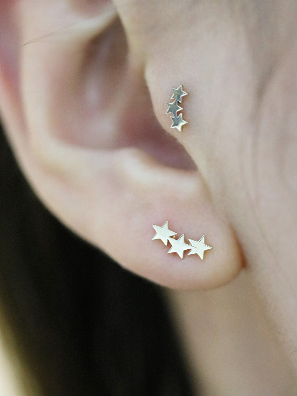 14K Gold Triple Star Cartilage Earring 18G16G