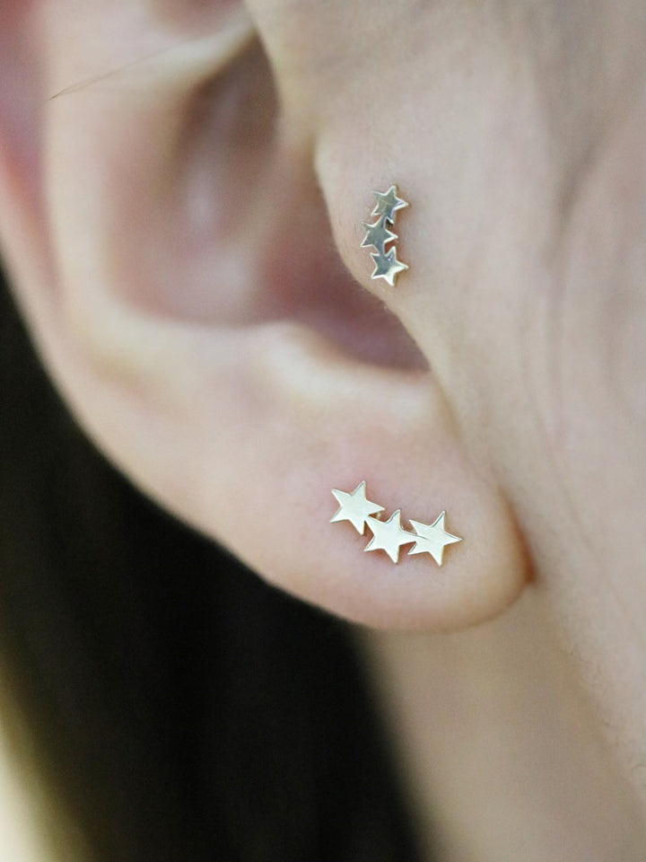 14K Gold Triple Star Cartilage Earring 18G16G