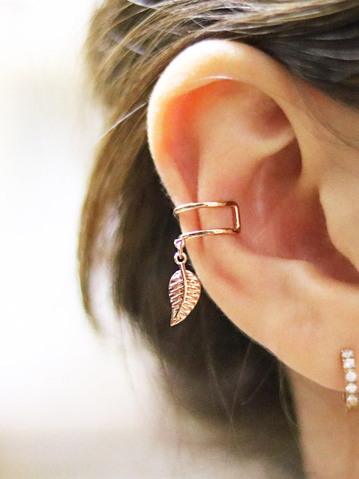 14K Gold bohemian dangle leaf ear cuff