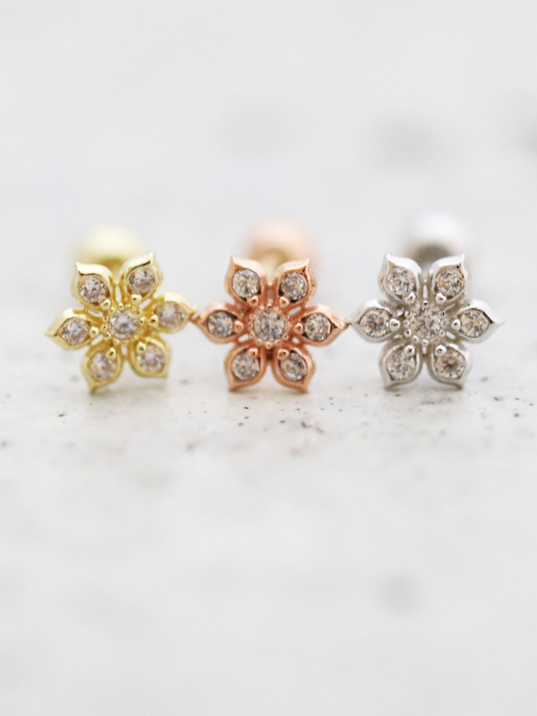 14K Gold Dainty CZ Flower cartilage earring 20g