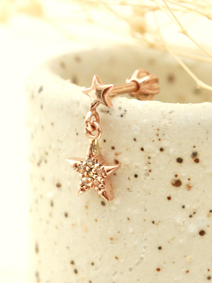 14K Gold Double Star Drop Cartilage Earring 18G