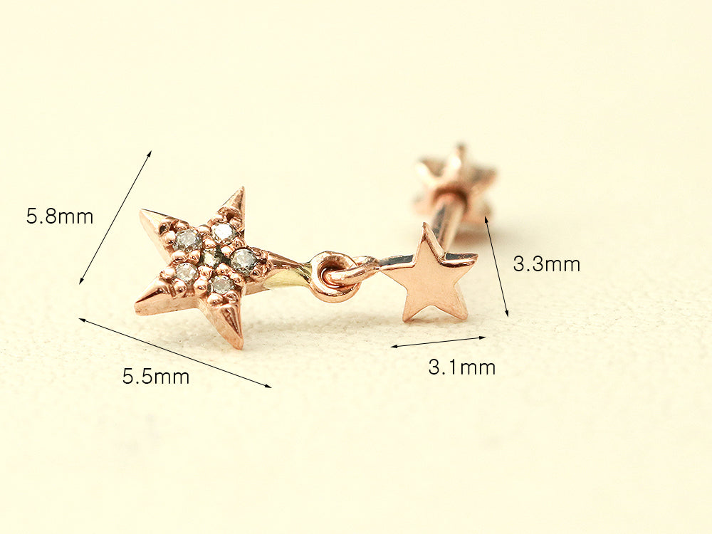 14K Gold Double Star Drop Cartilage Earring 18G