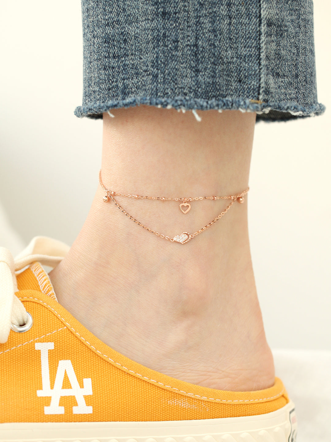 14K 18K Gold Heart Cubic Ball Chain Anklet