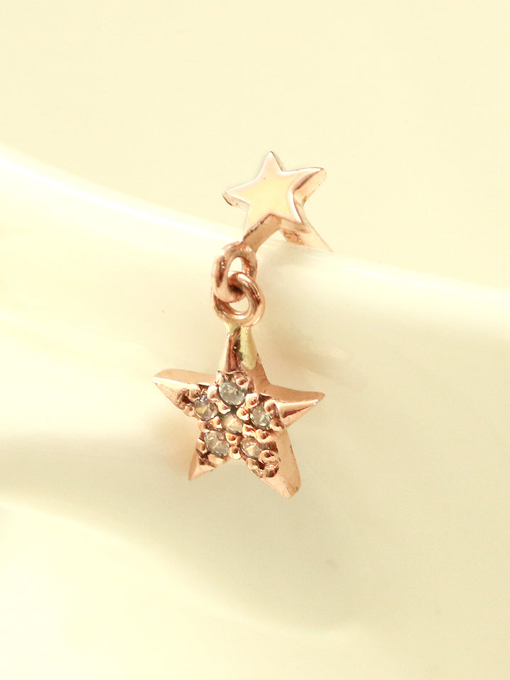 14K Gold Double Star Drop Cartilage Earring 18G