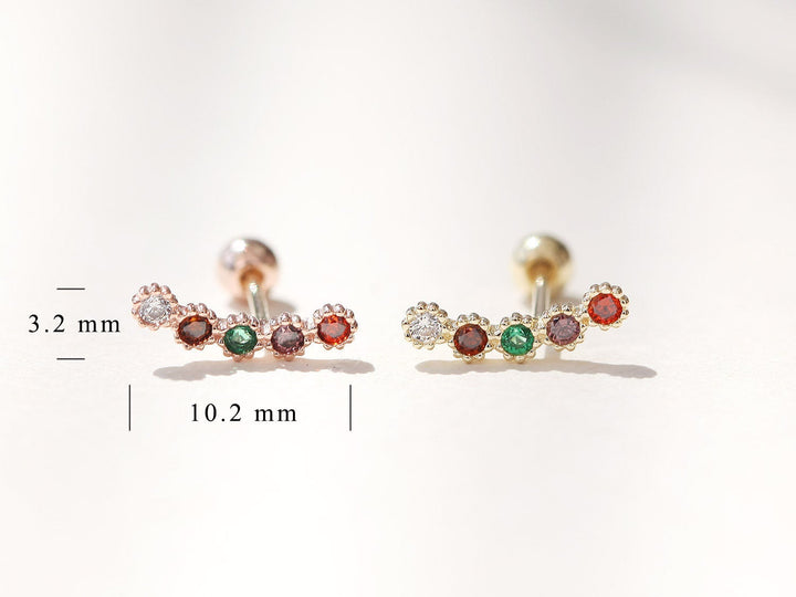 14K Rainbow CZ Bar Cartilage Earring 20g