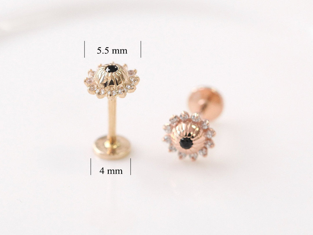 14K Gold Sun Flower Labret Piercing 18G