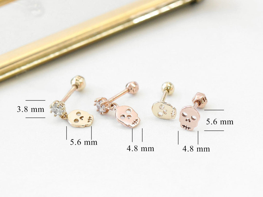 14K Gold CZ Skull Dangle Cartilage Earring 18G16G