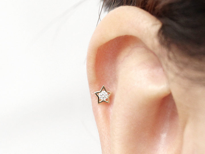 14K Gold Dainty Star CZ cartilage earring 20g