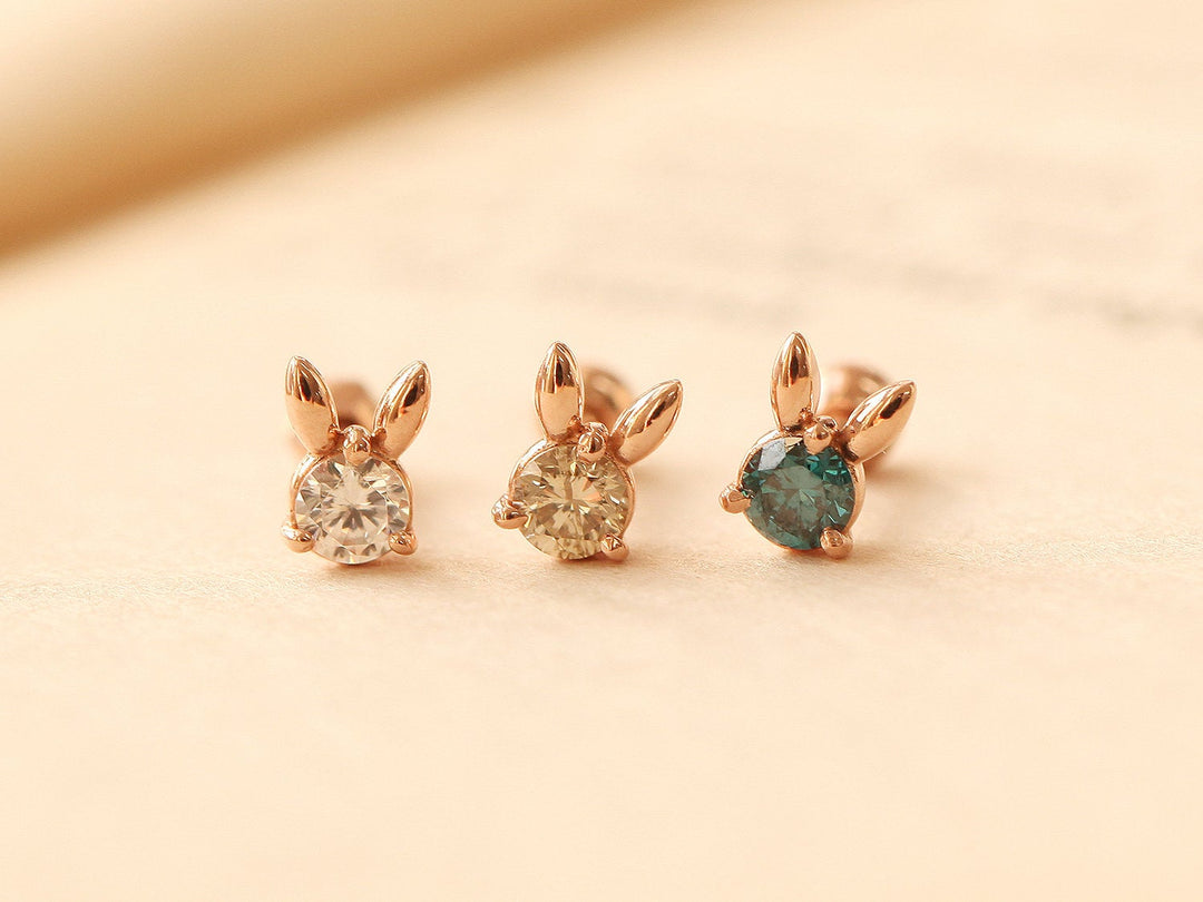 14K Gold Rough Diamond Rabbit Cartilage Earring 18G16G