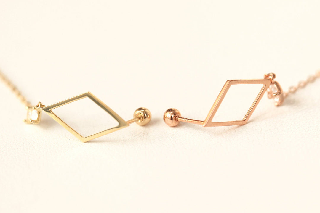 14K Gold Dia Square Threader Drop Earring 20g