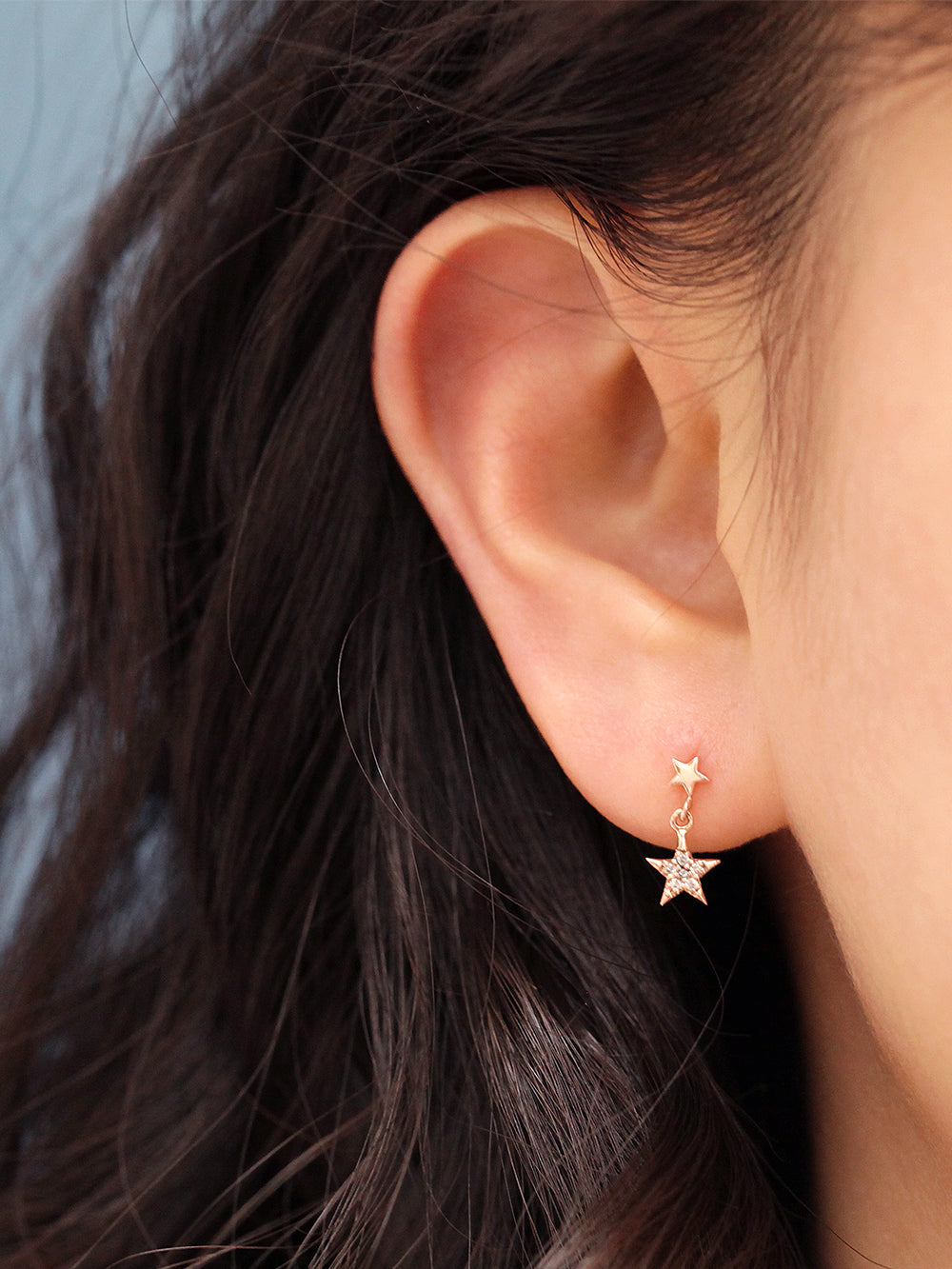 14K Gold Double Star Drop Cartilage Earring 18G